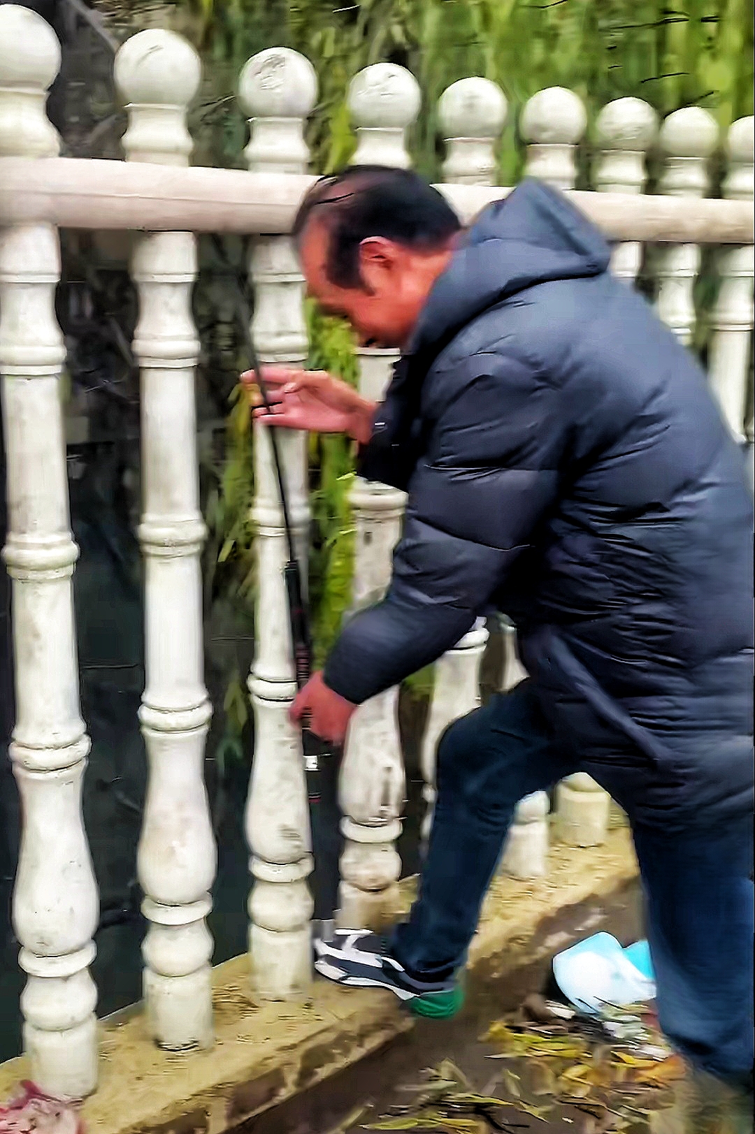 这可咋办？这位钓友桥上钓鱼，中一条大鲤鱼，没带抄网，一直在那僵持呢，大家给他想象