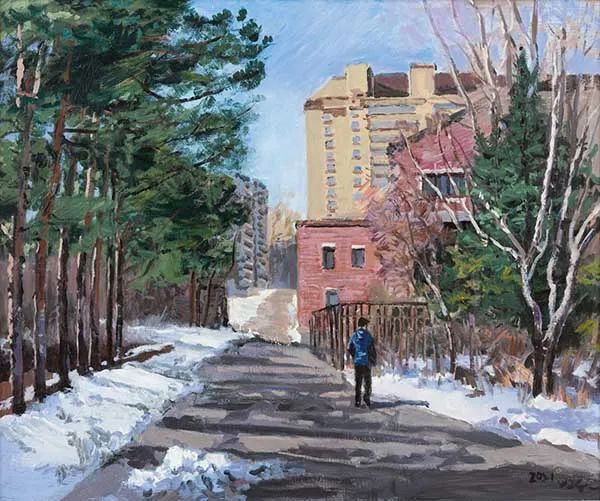 时代感，书写着长春特有的地域文化和人文精神。《时在中春》80cmx100cm2022《通往五号馆的路》 100cmx120cm 2021王建国1964年出生，汉族，现任吉林艺术学