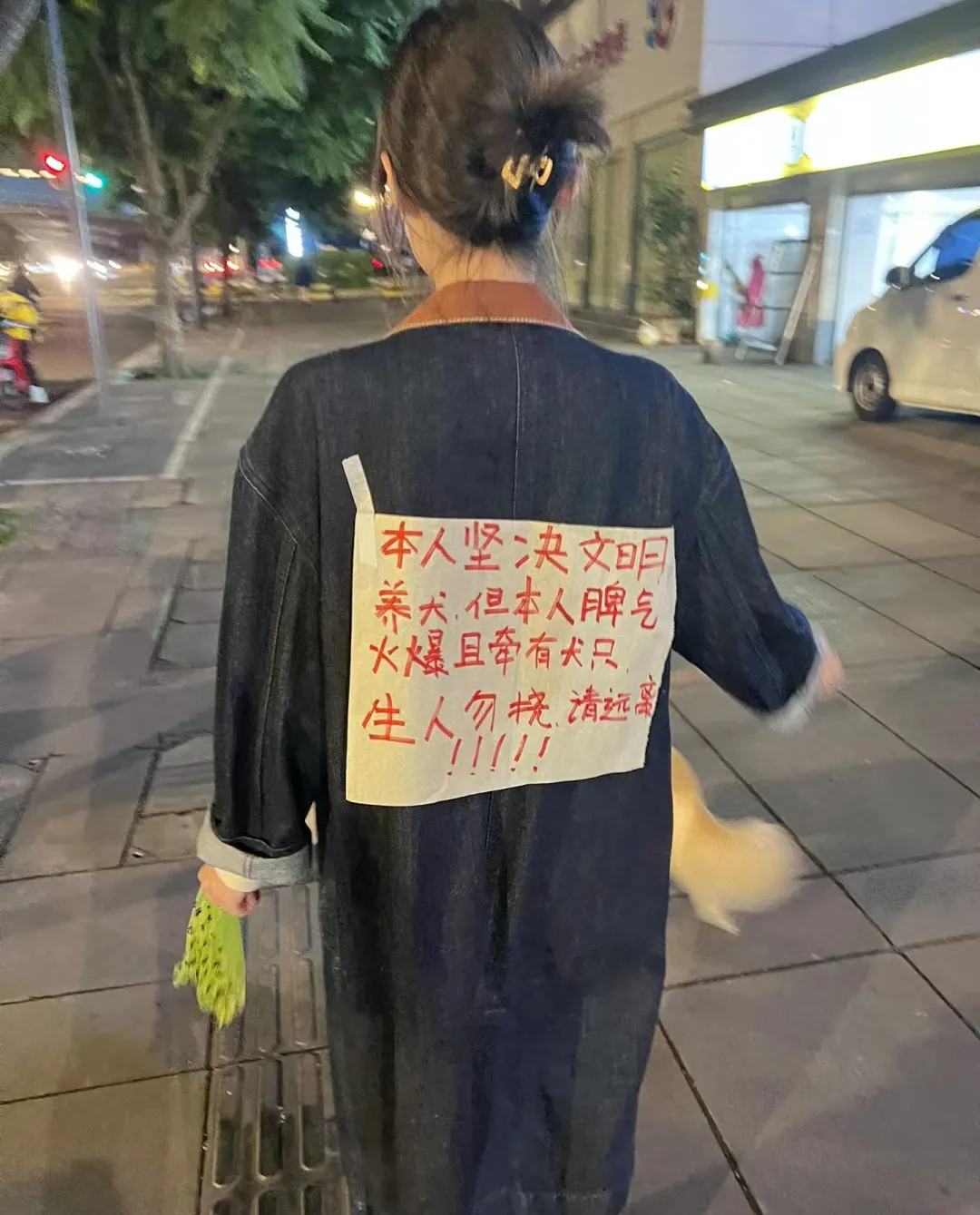 在街头看到了某位狗主人背后贴了这样一张纸：“本人坚决文明养犬，但本人脾气火爆且牵