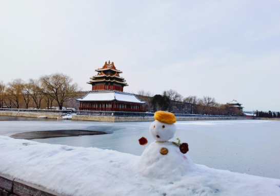 在故宫角楼遇见头顶烧饼的雪人，可爱至极！沿着护城河走了一圈，来这里赏雪的人还真不