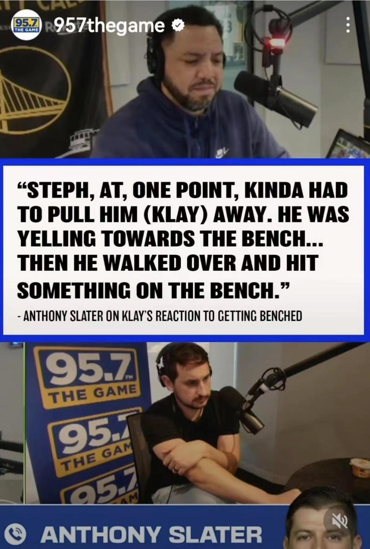 据勇士队记者Slater报道，在勇士和太阳的比赛中克莱-汤普森被科尔换下之后，在