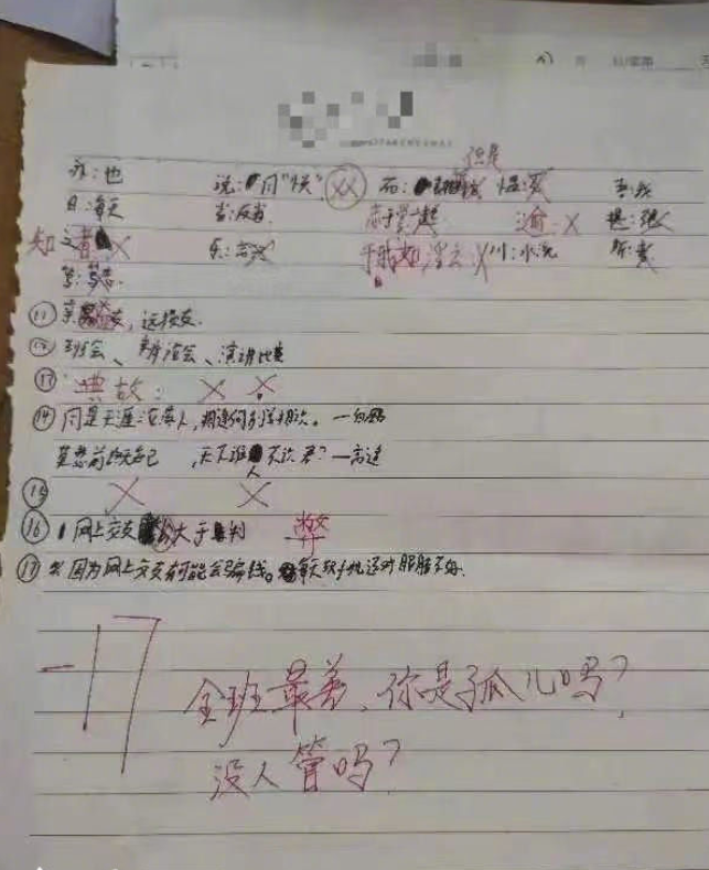 【湖北一老师批改作业时写下评语“你是孤儿吗？”校方称将调查】10月23日，有网友