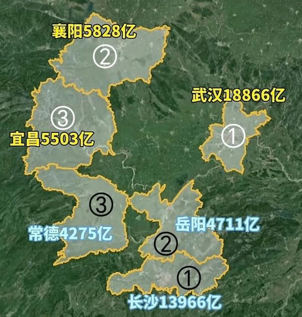 湖南和湖北的差距，主要就是前三强的差距，长沙低于武汉，岳阳低于襄阳，常德低于宜昌
