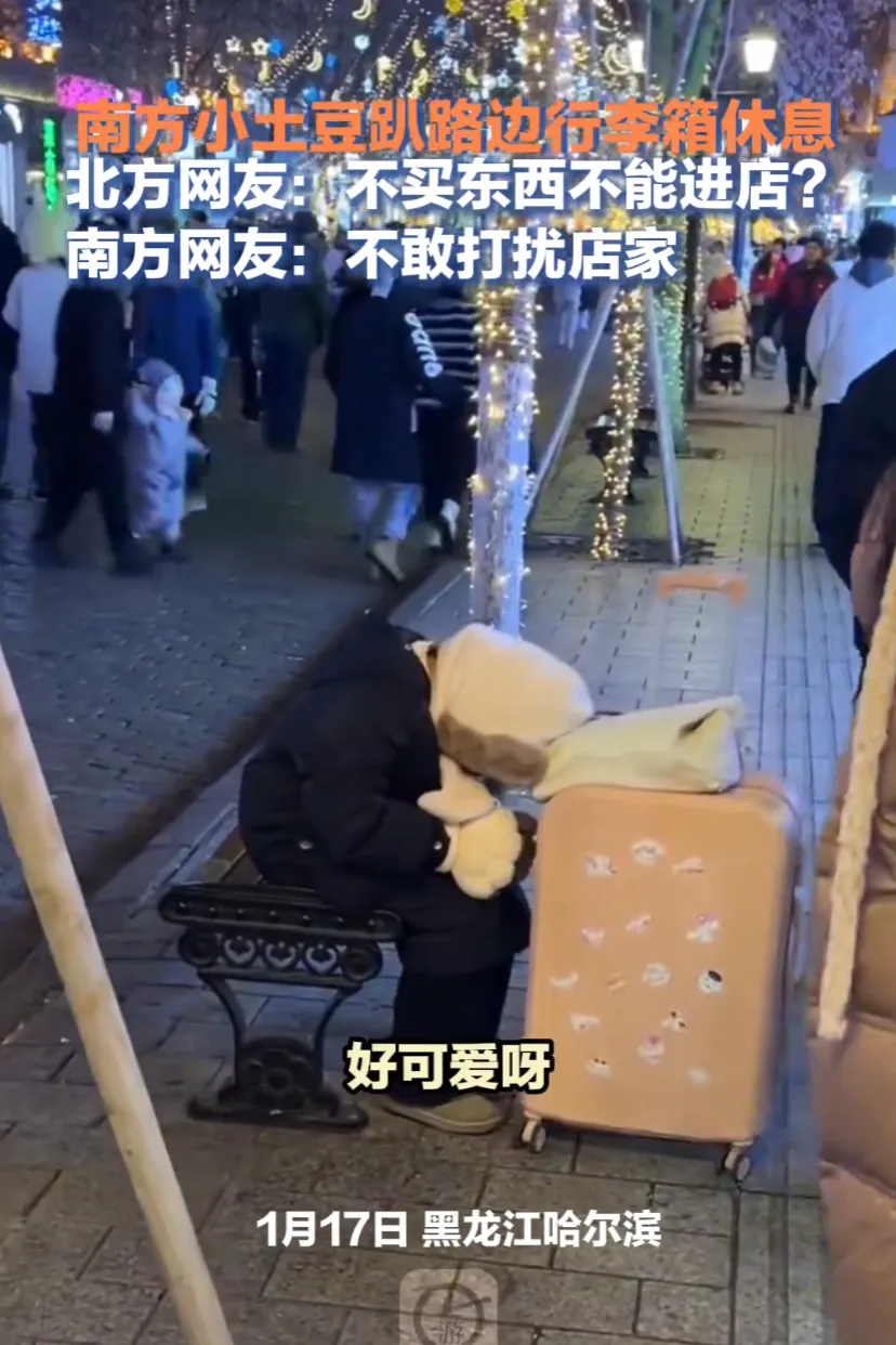 南北文化差异再次惊呆北方网友。1月17日，黑龙江哈尔滨，一位南方小土豆玩累了坐在