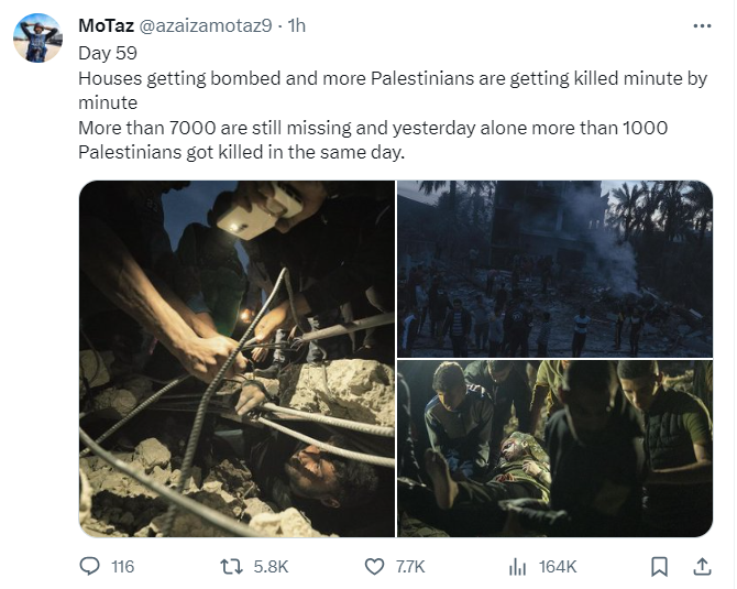 仅昨天一天就有100 多名巴勒斯坦人被杀。11月4日，加沙记者莫特在他社交平台的