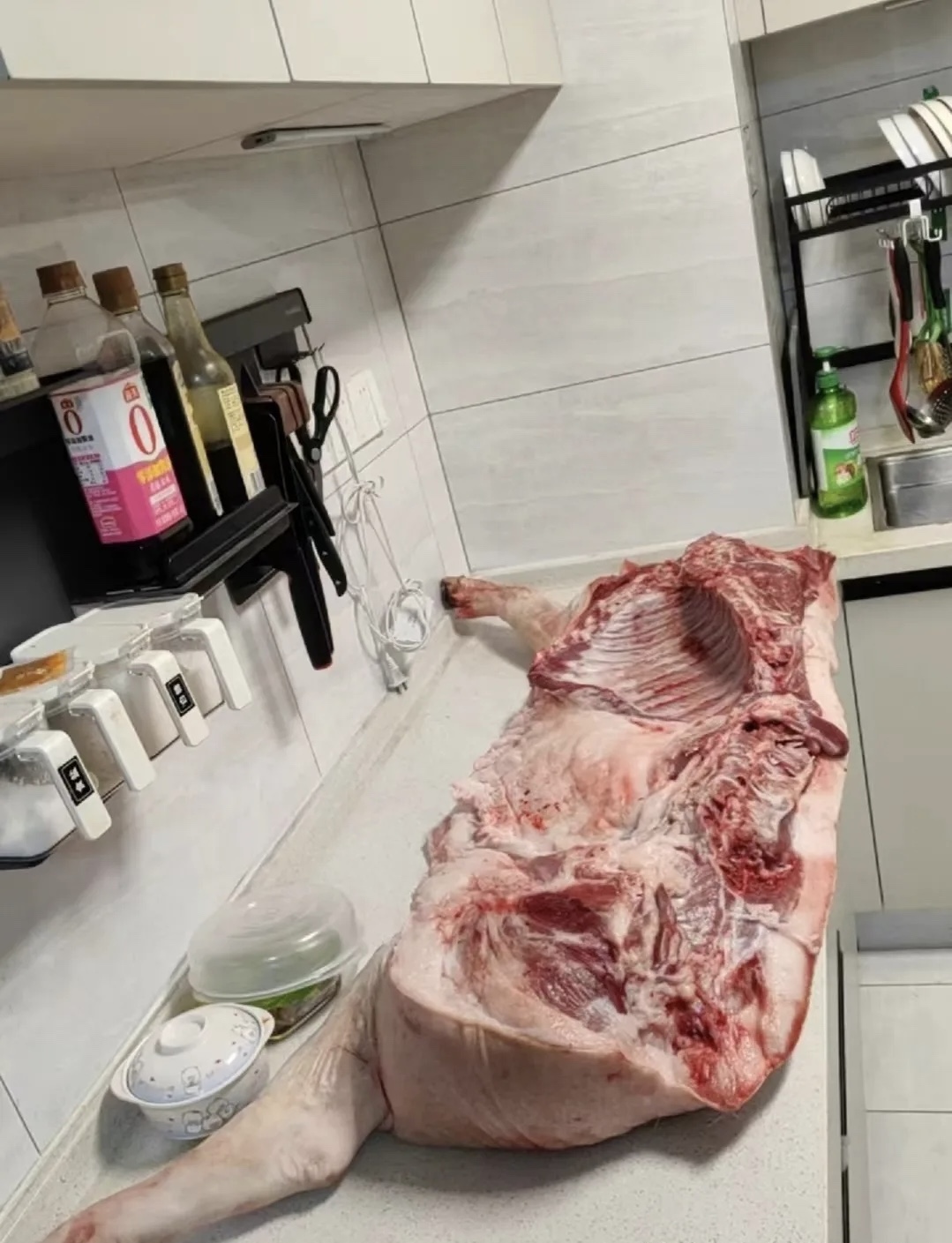 三叔家杀了几头猪，给我家送来了半个猪。我问三叔给多少钱合适，三叔说不用给钱。老公