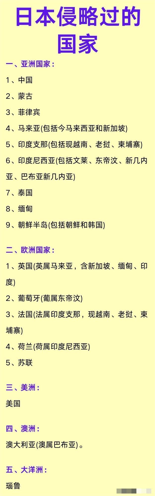 被日本侵略过的国家一览！居然还有美国。

其中以亚洲国家最多，除了我们国家以外，