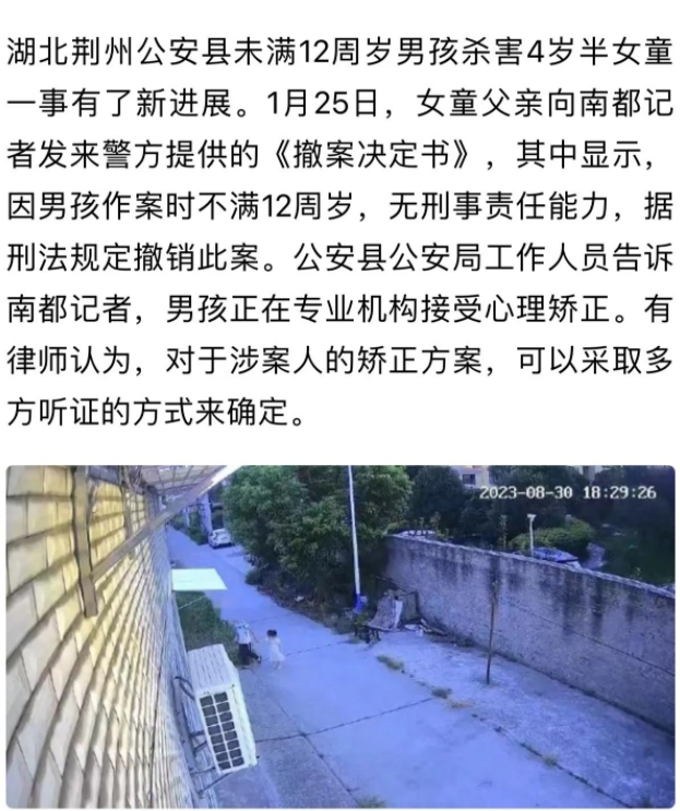 湖北荆州，11岁男童因觉得4岁女童和他妹妹争抢玩具，于是将其诱骗到一处废弃的菜园