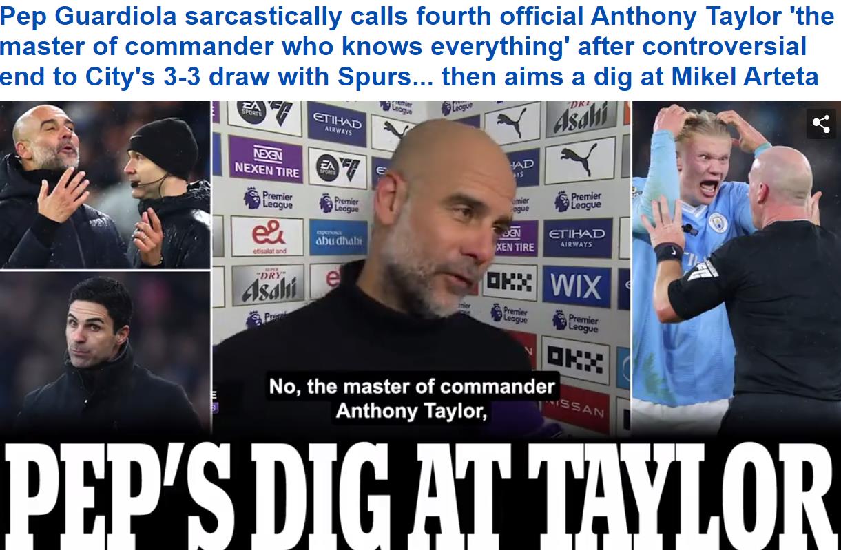 3-3战平热刺，曼城遭遇3连平，在看到主裁判西蒙胡珀吹到球队单刀时，瓜迪奥拉在场