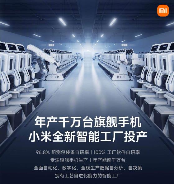 雷军表示，年产能达到1000万台旗舰手机的全新小米智能工厂正式投产，向高端化又迈