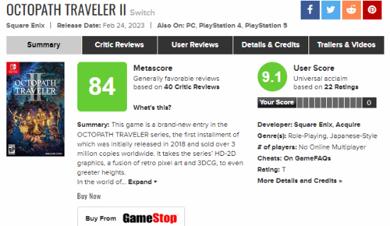 《八方旅人2》M站用户评分8.9：全面进化的RPG续作