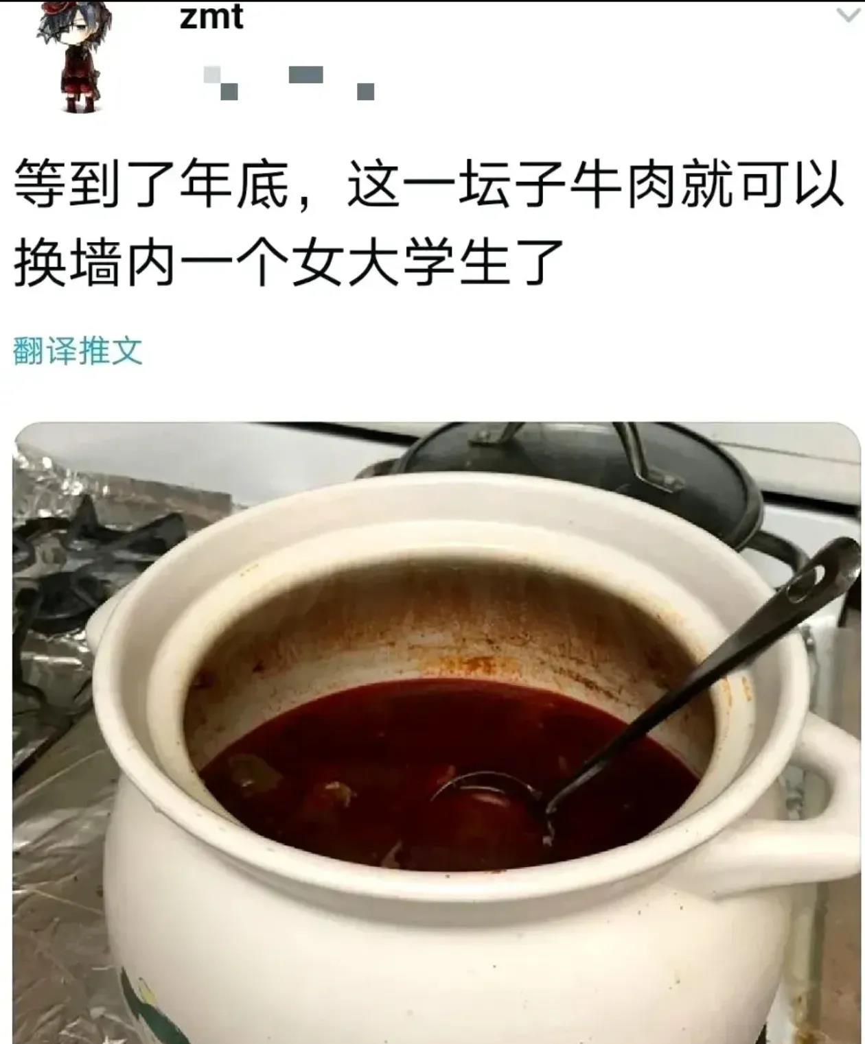 “等到了年底，这一坛子牛肉就可以换墙内一个女大学生了”。
这是一个润到国外去润人
