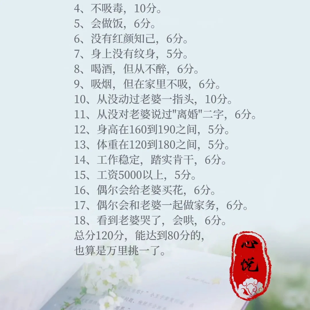 有多少男性得分超过80分？
·1、不嫖娼者可得10分。
·2、会开车者可得6分。