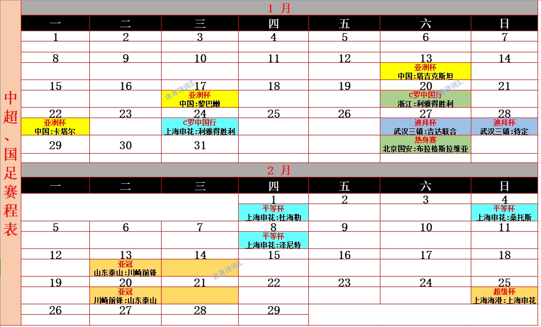 北京国安、浙江、上海申花、武汉三镇——冬歇期1、2月的热身赛事汇总：

1月20