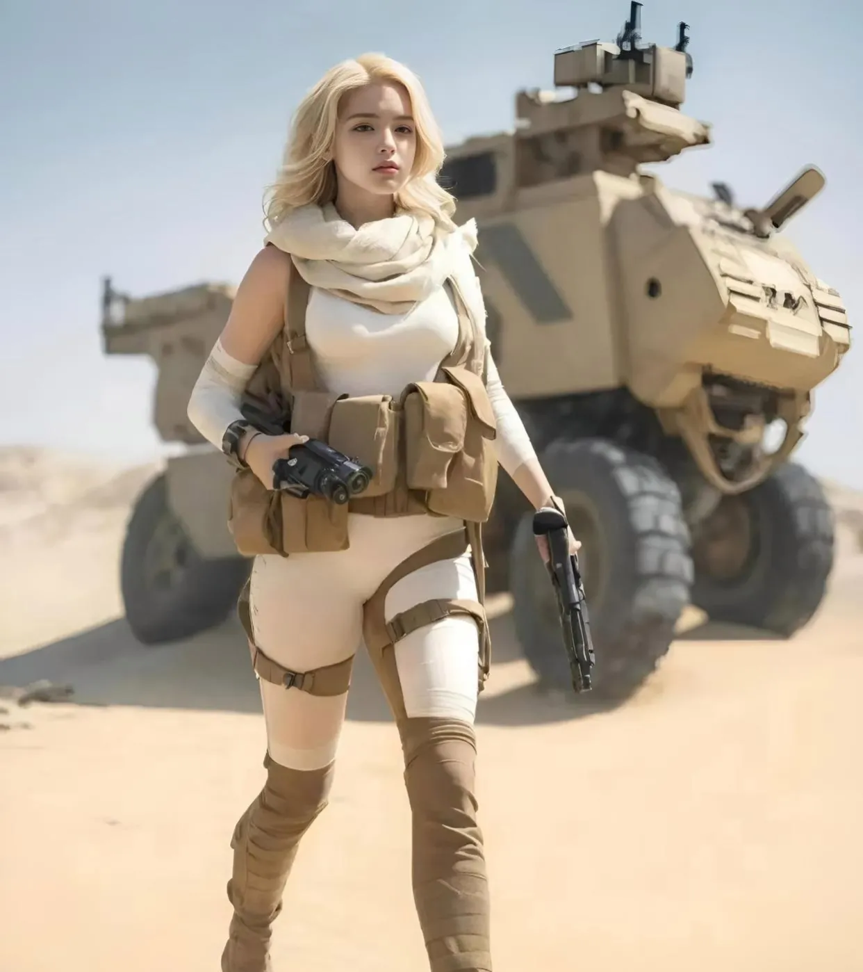 这是一名女兵执勤时的照片，镜头中这名女兵手里拿着一把手枪，腰间还挎着一把长枪，而