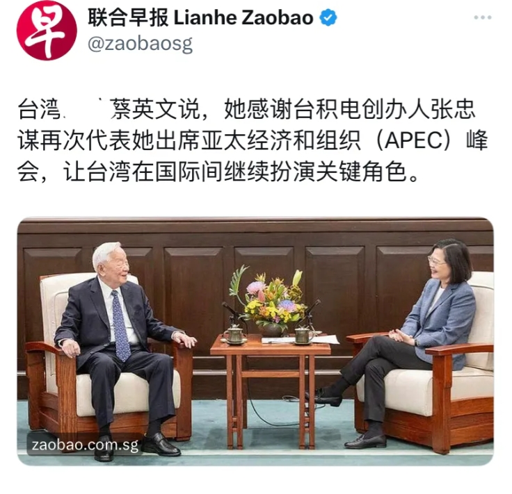 新加坡联合早报昨晚（11月20日晚）报道：“蔡英文说，她感谢台积电创办人张忠谋再