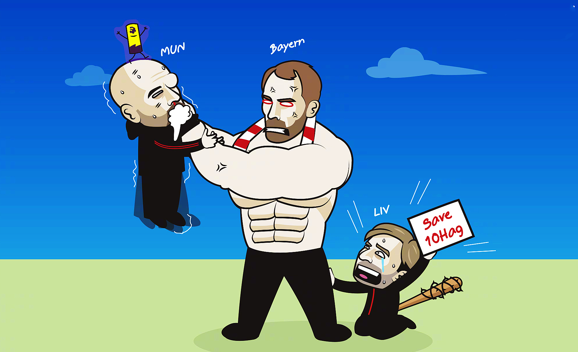 国外足球漫画，利物浦的克洛普抱着图赫尔的大腿，身上还有“保护滕哈格”的标语，但渣