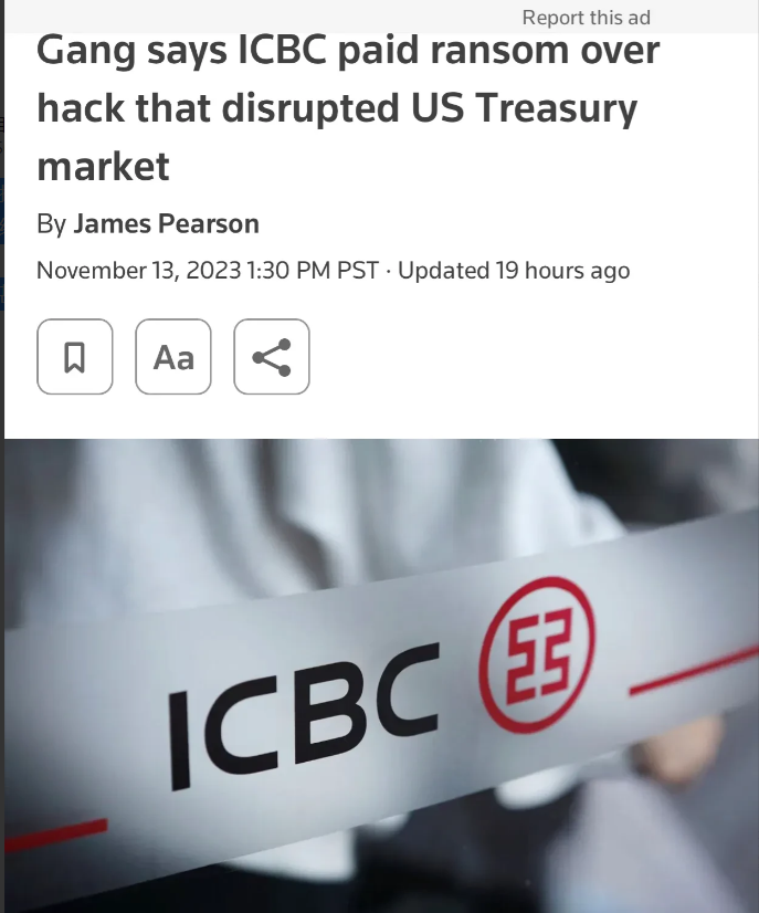 据路透社等多家外媒报道，上周中国工商银行在美国的分支机构遭到黑客组织Lockbi