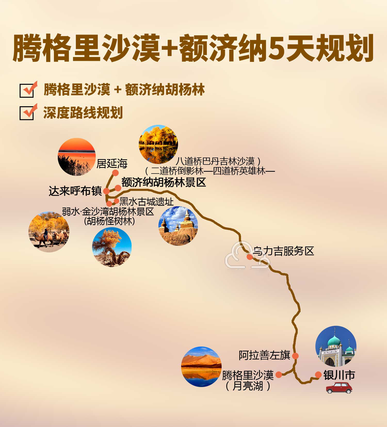 腾格里沙漠穿越+额济纳旗胡杨林5日旅游