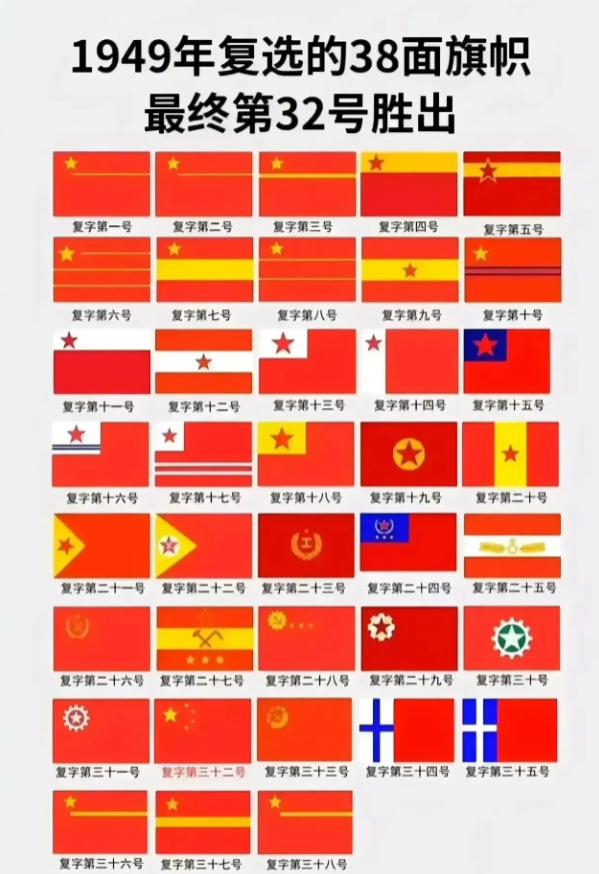 建国时入选的38面国旗设计方案。

在新中国成立之初，为国家选择一面代表性的国旗