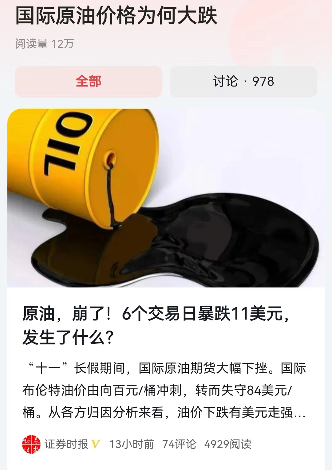 在9月28日，纽约石油连续期货价格创出了每桶95美元的高价之后，国际原油终于撑不