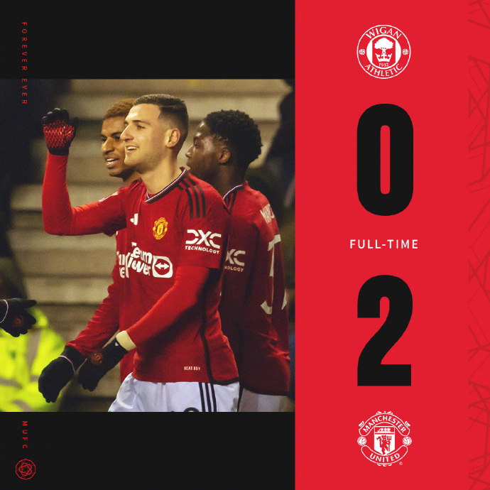 足总杯第3轮，曼联客场2-0维冈竞技，顺利晋级下一轮！

2024年的第一场比赛