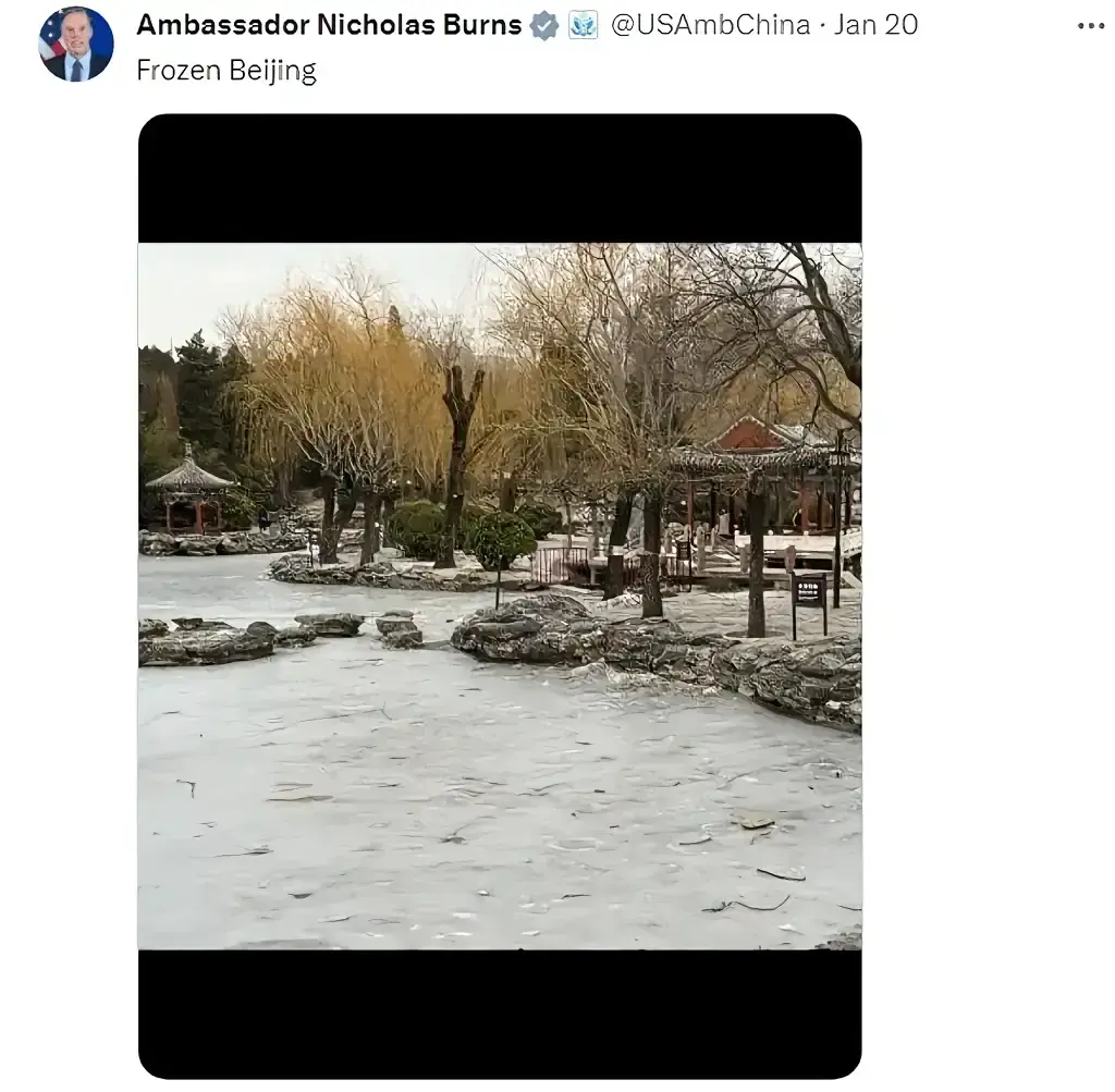 美国驻华大使伯恩斯1🈷20日发推：冰冷的北京