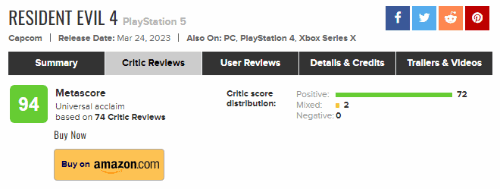 《生化危机4：重制版》M站均分94分 媒体好评如潮！