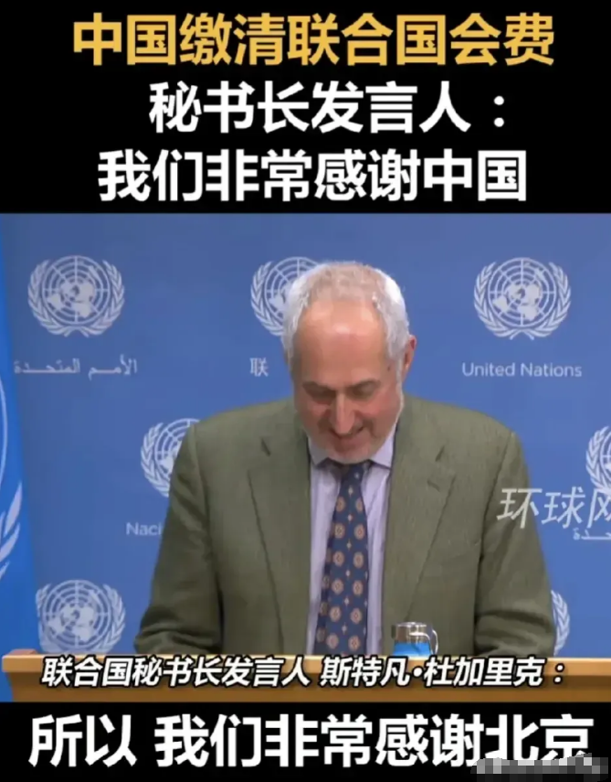 联合国秘书长发言人杜加里克11月15日宣布，中国已全额缴纳了今年的联合国常规会费