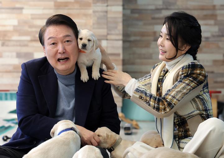 韩国总统尹锡悦夫妇虽然没孩子，但家里很热闹，领养了5只猫6条狗，成了毛孩子的乐园