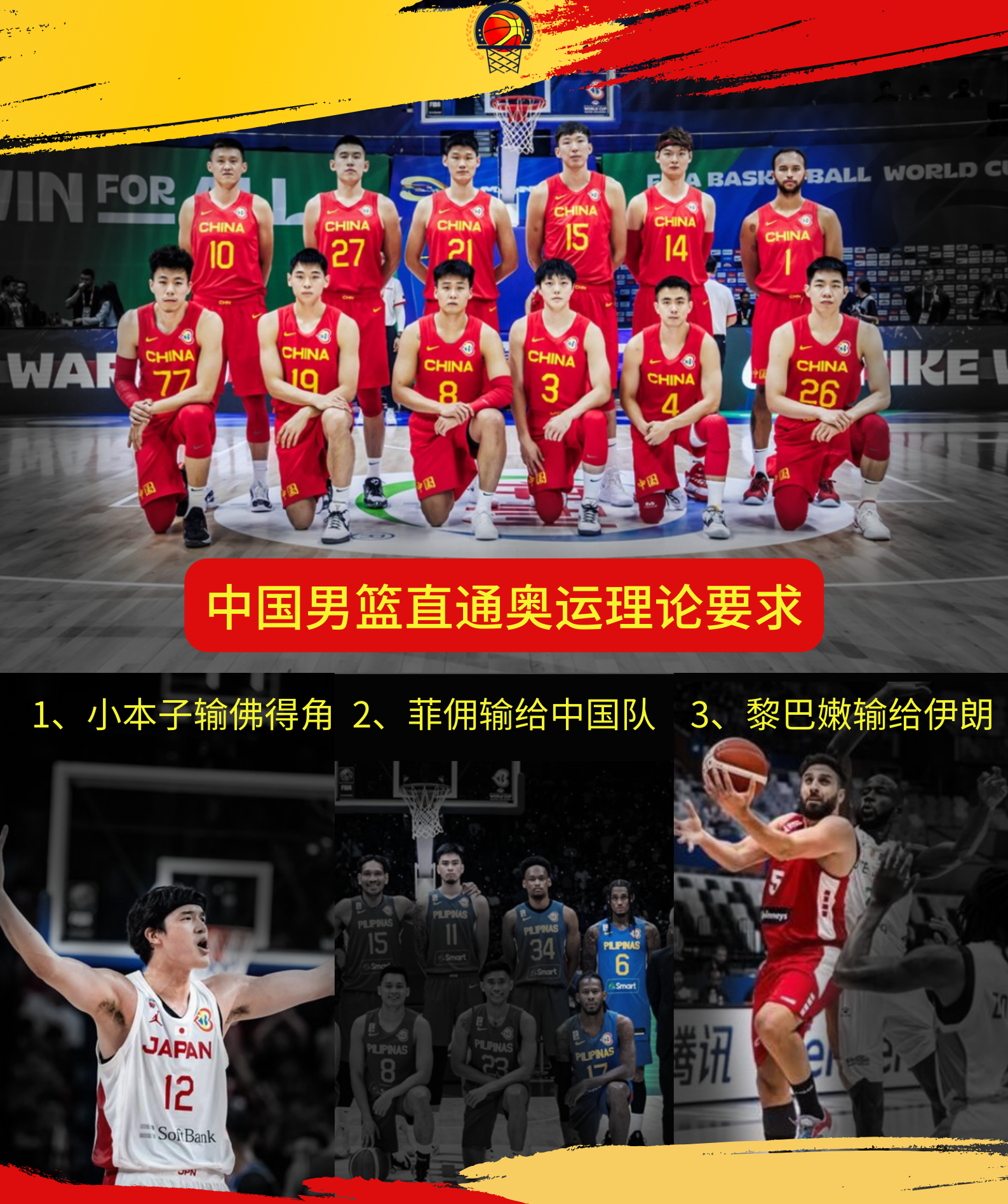 中国男篮直通奥运会仍然存在的理论可能条件是：
1、下一场必须干掉菲律宾男篮；赢得