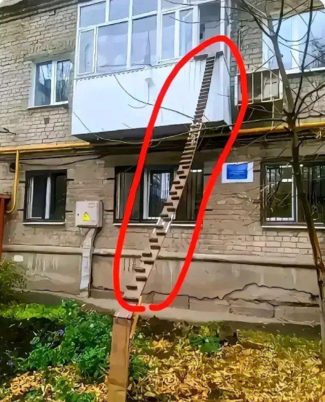 二楼的住户在一楼草坪上搭建了一个小木梯，用于连接二楼阳台。

我实在无法理解他们