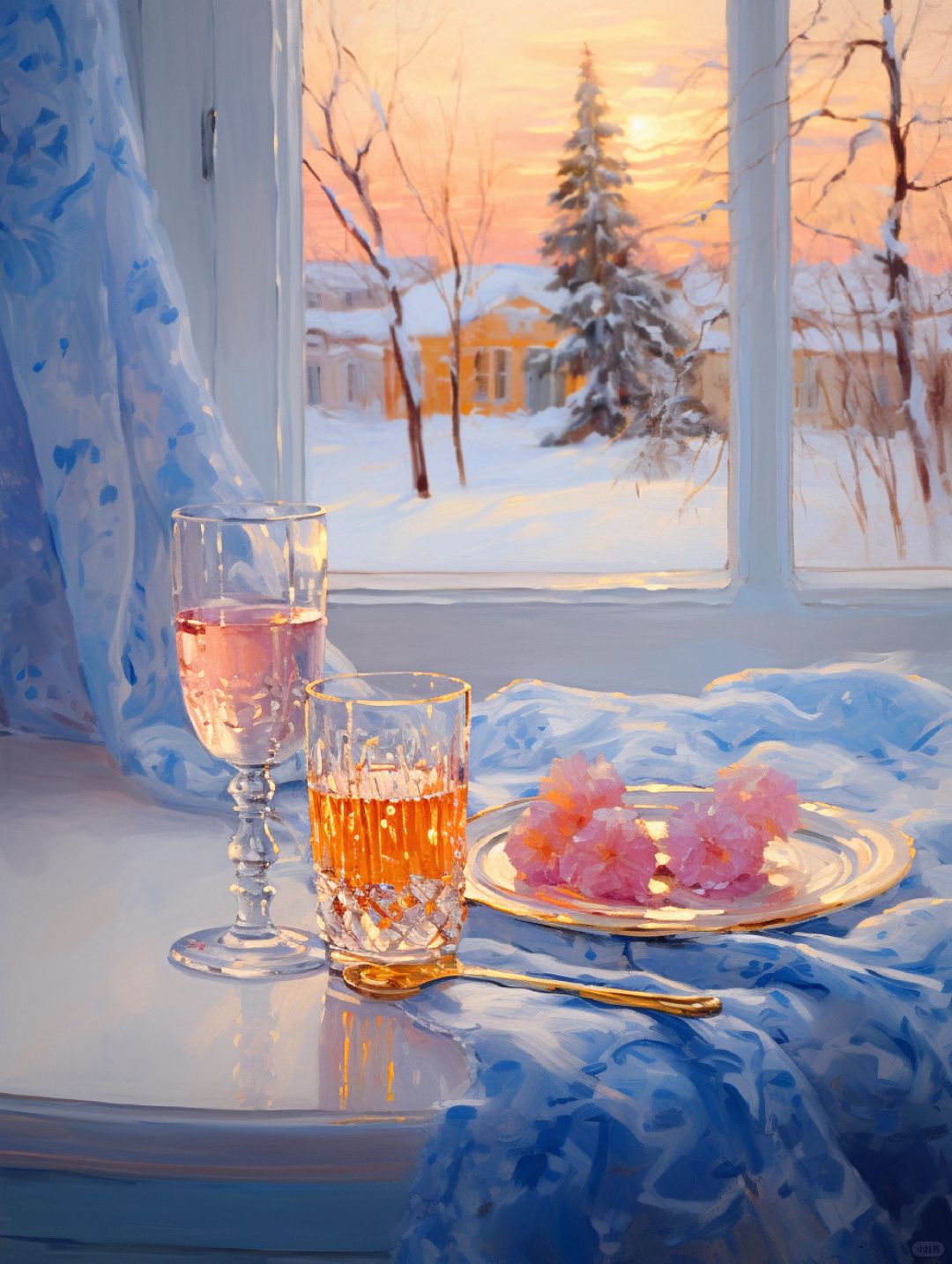 🌇油画分享——落日拂雪。
好浪漫！