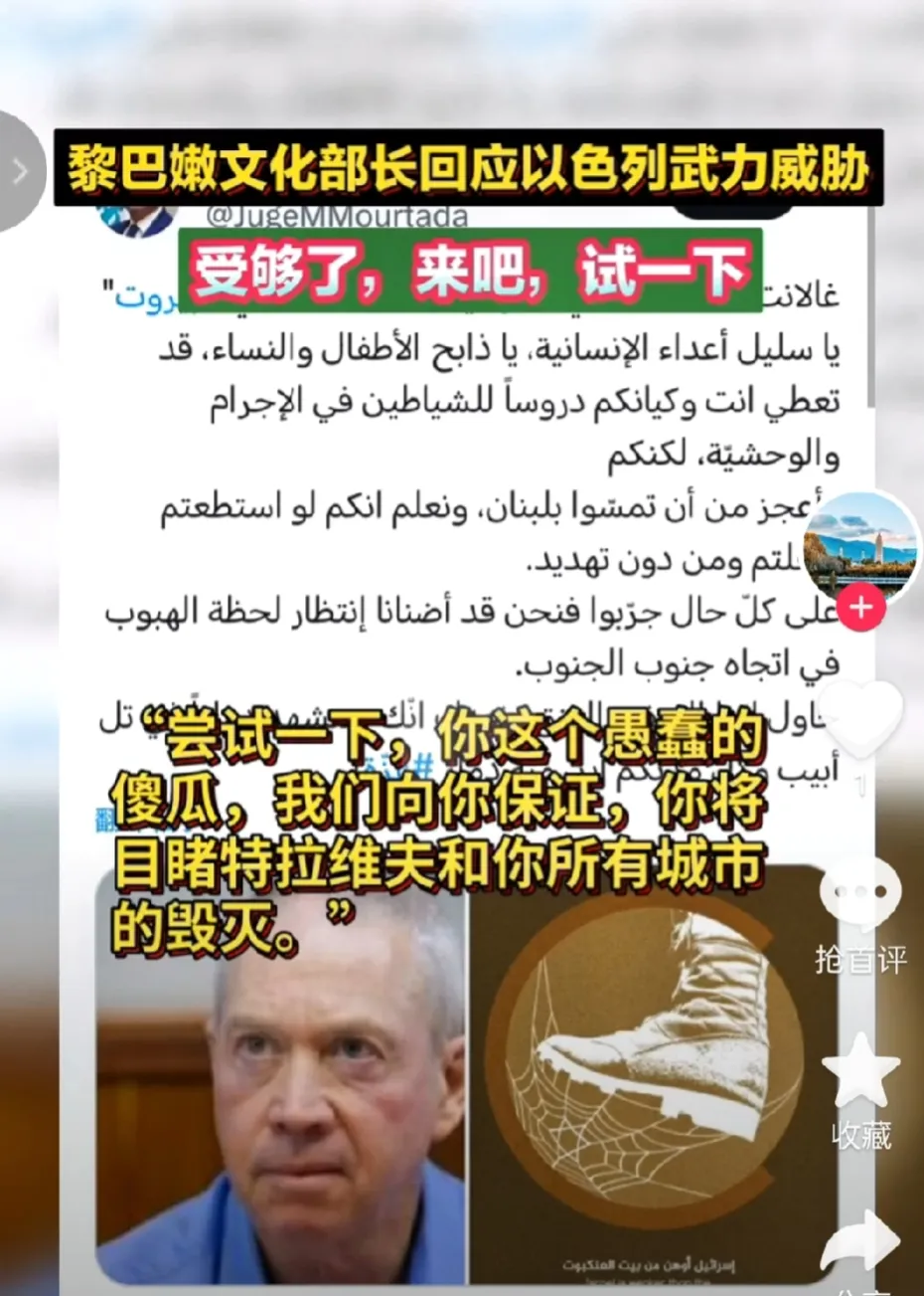 在以色列国防部长警告黎巴嫩，可以把加沙屠城的悲剧放到贝鲁特再做一次时，黎巴嫩文化