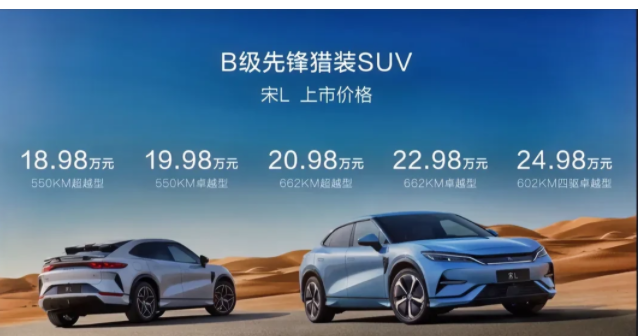 “掀桌子”了！比亚迪宋L正式上市，共售5款车型，售价分别为：
550KM超越型：