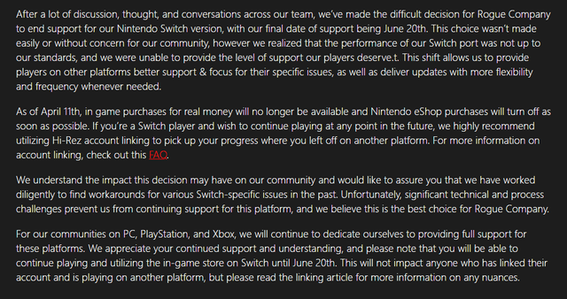 免费射击游戏《Rogue Company》Switch版本将于6月20日停止服务