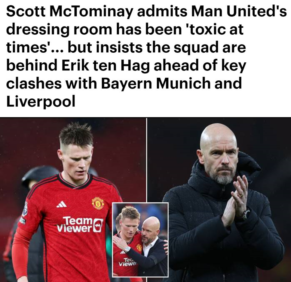 英国媒体邮报报道，曼联本赛季的球队射手、中场大将麦克托米奈承认，曼联的更衣室有时