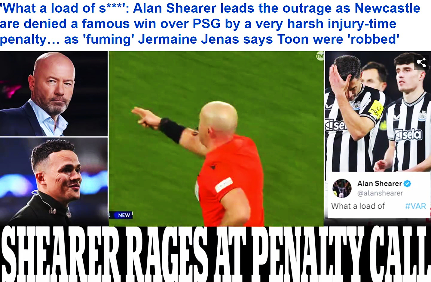 真的是一团狗屎！纽卡斯尔名宿希勒，在目睹老东家被主裁判吹罚点球，1-1被巴黎圣日