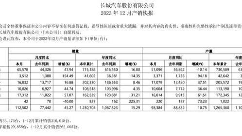 长城汽车2023年销量123.07万辆，其中哈弗品牌销量超71万辆