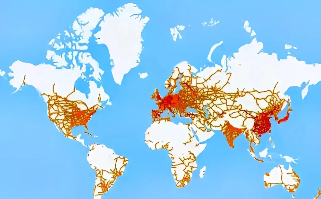 全球铁路网图，美国是独一片的，中欧一旦连在一起，美国就没法玩了，所以我们跟德国法