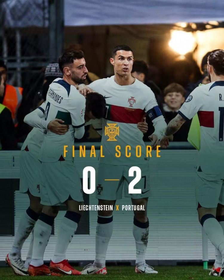 九连胜！葡萄牙领跑积分榜
C罗、坎塞洛各进一球，葡萄牙2-0击败列支敦士登，取得