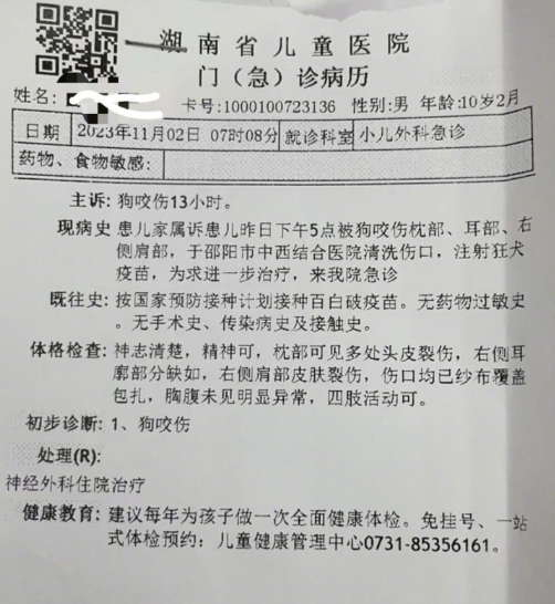 11月1日，阿拉斯加犬咬伤轩轩后，狗主人陈先生将狗栓了起来。11月2日晚，丹口镇