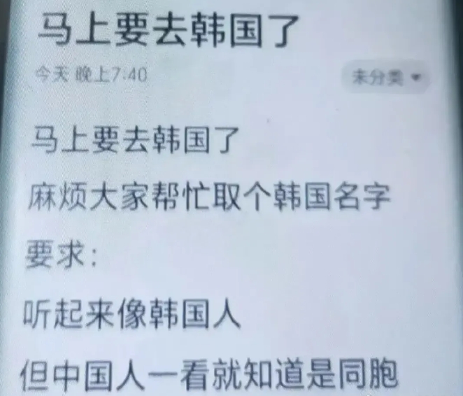 网友求救：“即将启程前往韩国，急需一个韩国名字，希望这个名字听起来像韩国人，但又