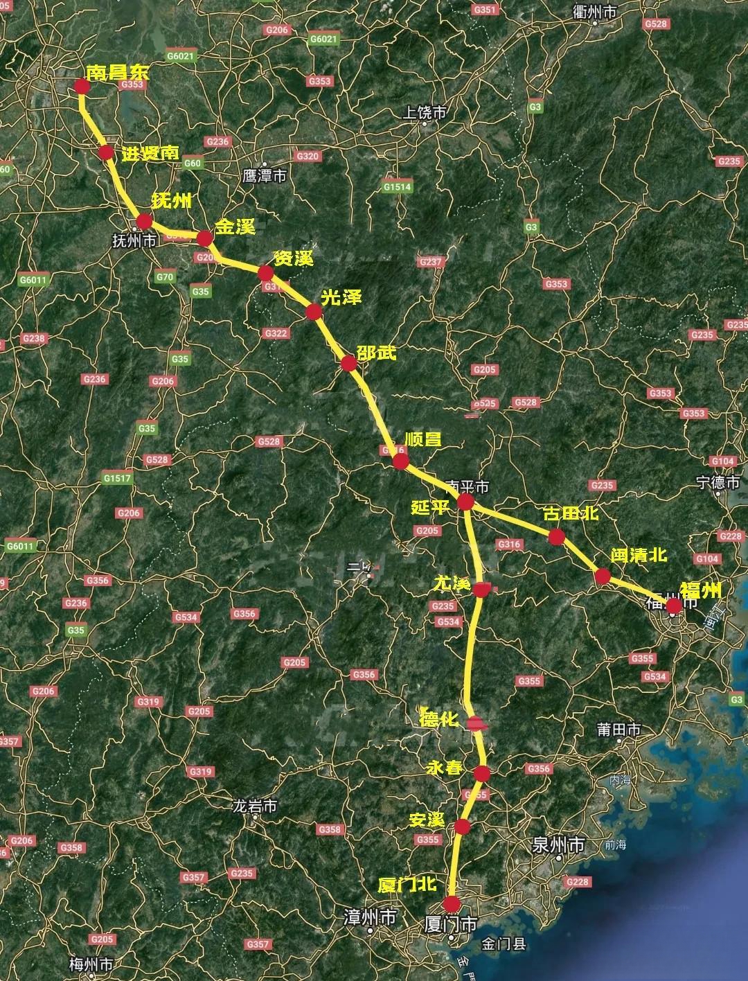 南昌至福州(厦门)高铁路线图

昌福厦高铁是福建北上的高铁大通道之一，设计时速3