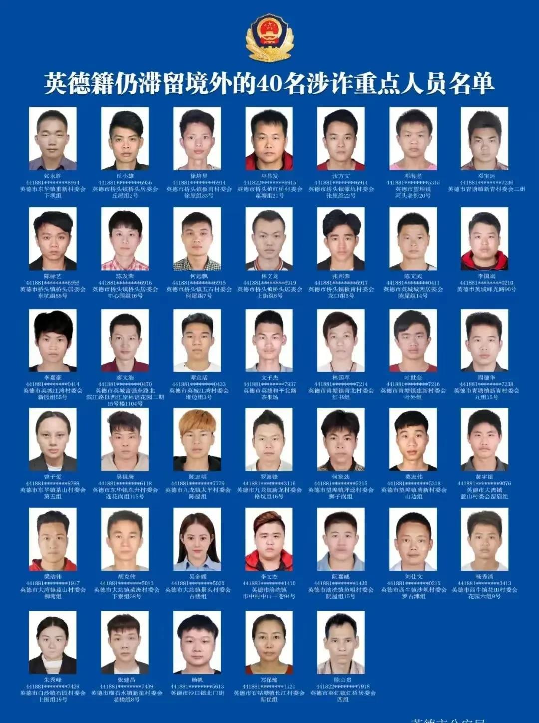 广东英德曝光40名滞留境外涉诈人员照片，必须于12月15日前回国，对7人最高30