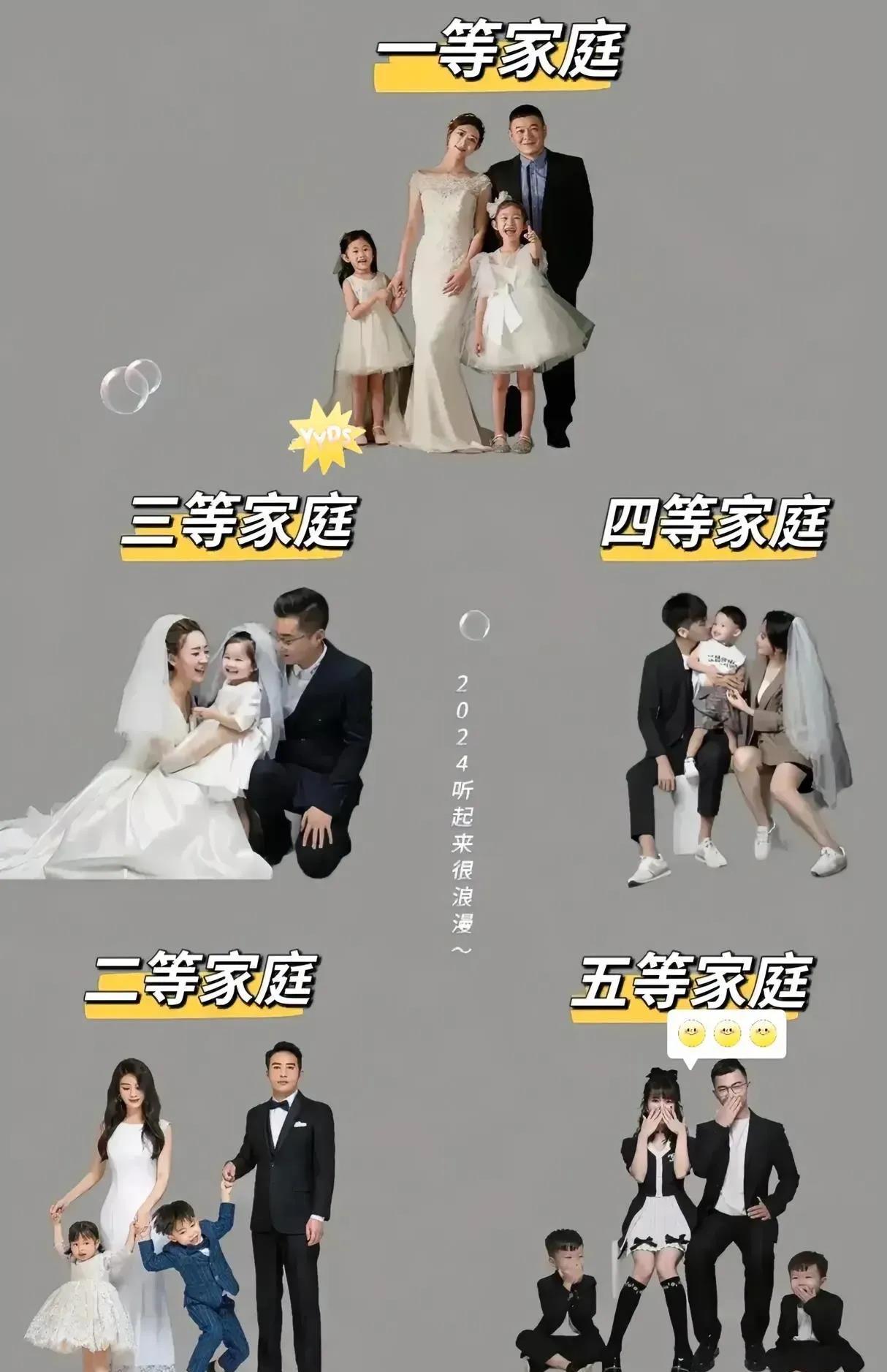最新的子女家庭数量等级：
一等家庭：两个女儿。
二等家庭：一儿一女。
三等家庭：