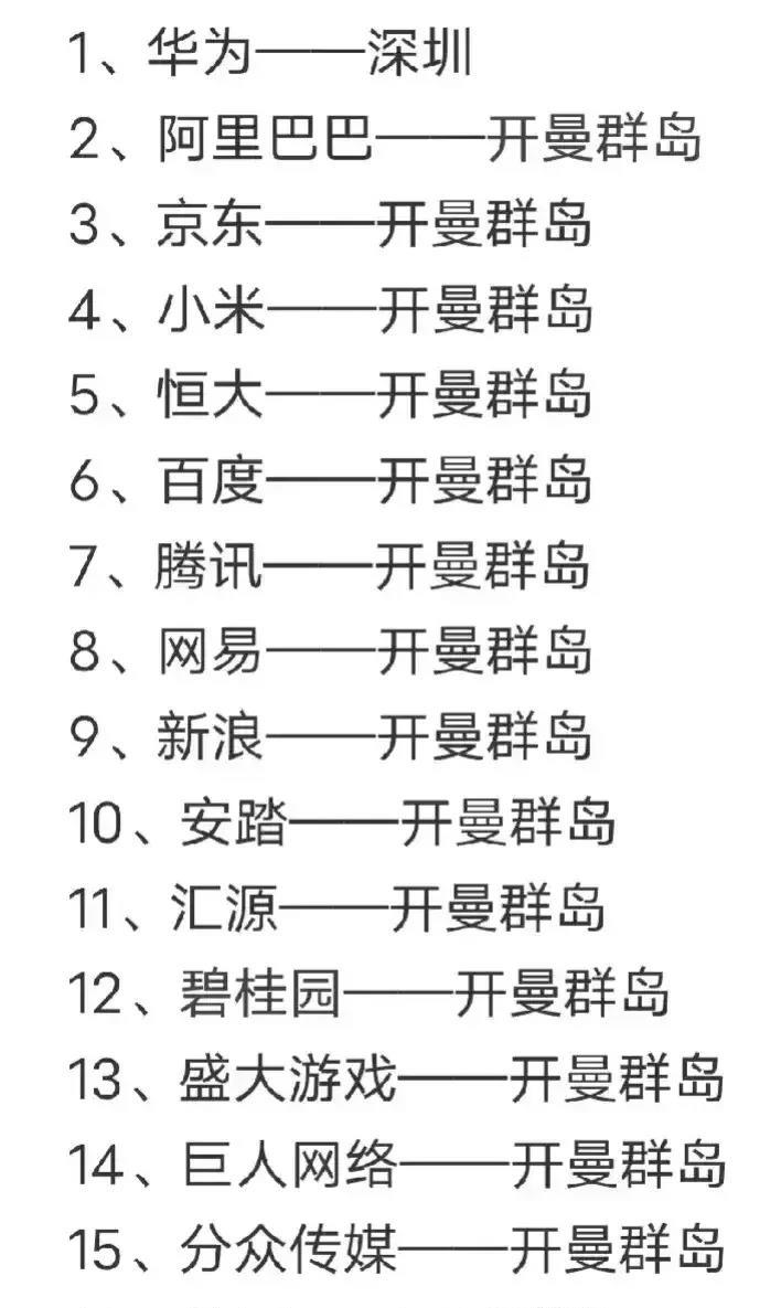 国内比较大的16个企业，有15个的注册地是开曼群岛。只有华为的注册地是深圳。
企