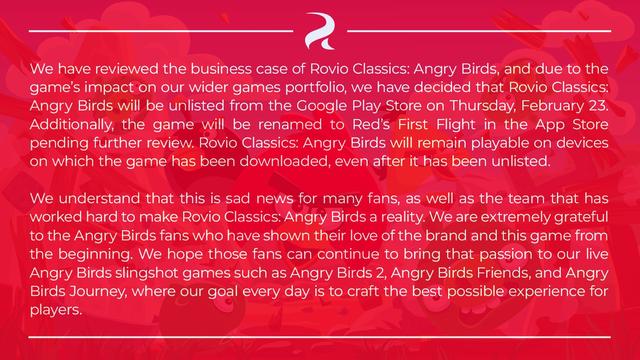 Rovio删除《愤怒小鸟 经典版》称其对游戏系列有负面影响