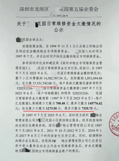 深圳一小区欠了1253万维修基金，这笔钱找不回来就要全体业主分摊，3990户业主
