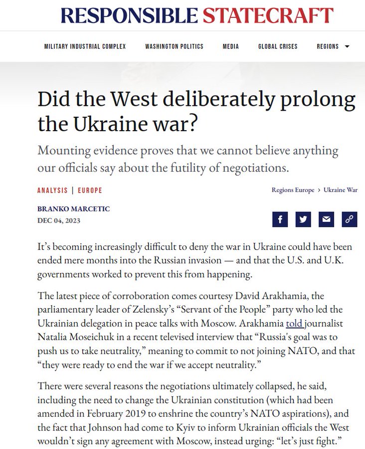 乌克兰战争本可以在刚开始的几个月后就能结束，但美国和英国政府阻止了这种情况的发生